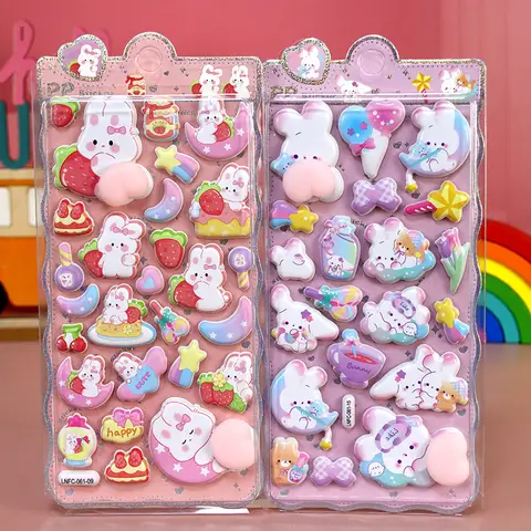 2PCS Cartoon Sticker 3D Puffy Squishy Stress Relief Rabbit Capybara Bear for Phone Case Laptop Decoration Journal DIY Collage Ch