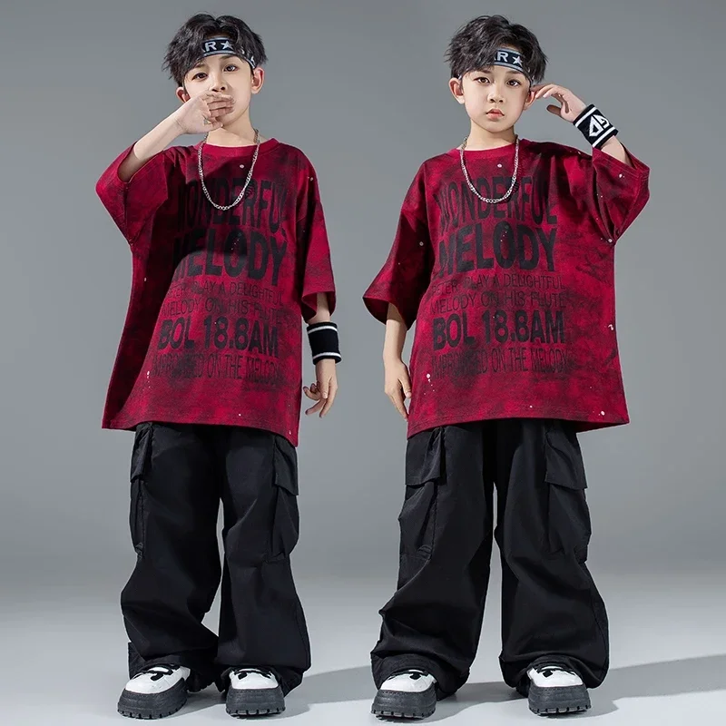 

Boys Street Dance Costume Teen Jazz Dance Performance Wear Letter T-Shirt Oversize Tops Hip Hop Dancing Trousers Black