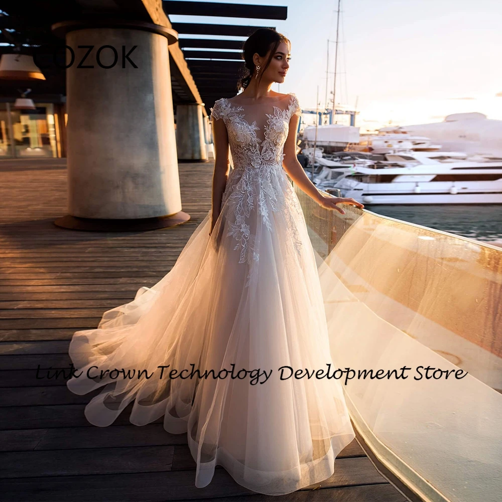 

COZOK Champagne Strapless Wedding Dresses for Princess Short Sleeve Bridal Gowns with Lace Soft Tulle 2024 Vestidos De Novia