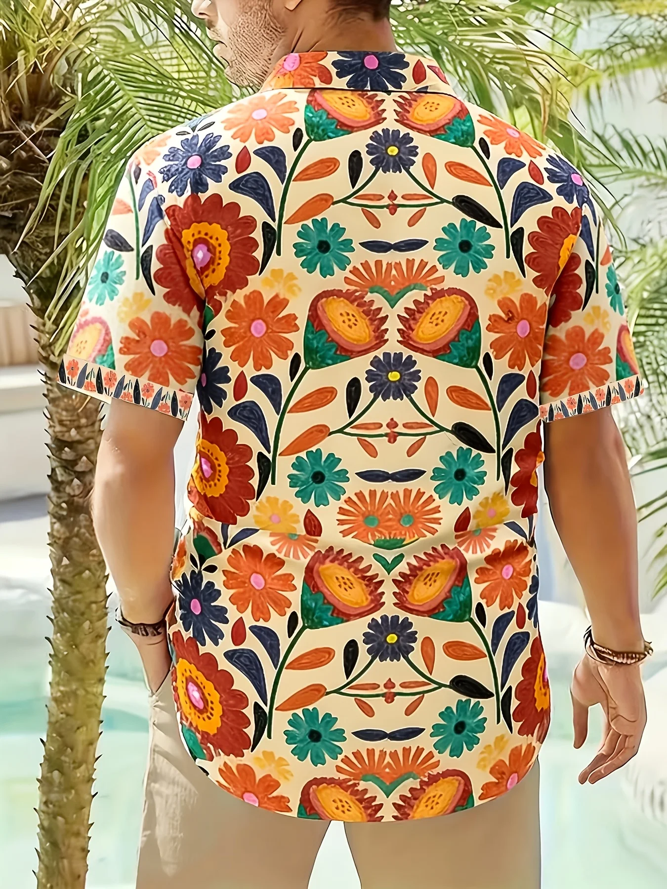 Men Summer Beach Hawaiian Shirts Vintage Colorful Large Floral Print Cream Base Loose Short Sleeve Casual Vacation Mens Clothing