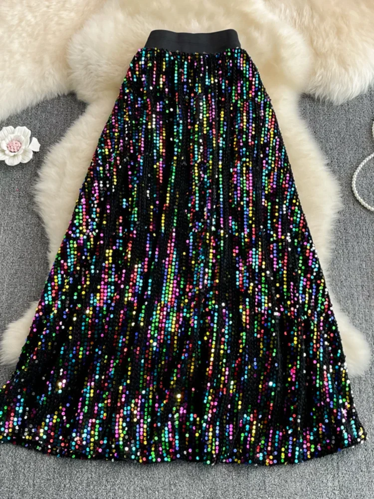 Spring Autumn Sequin Long Skirt Women High Waist Slim A-line Elastic Waist Bling Sparkling Skirt