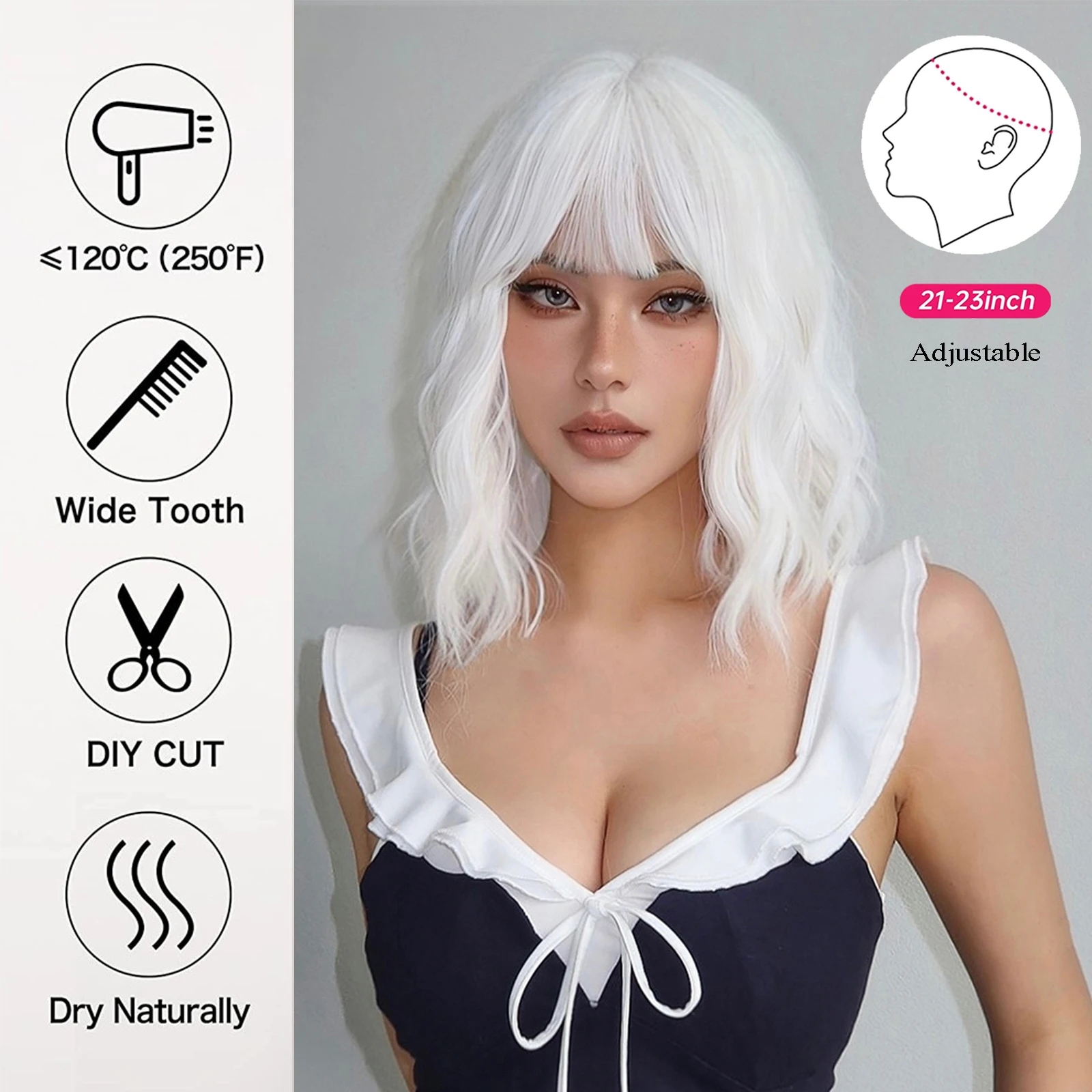 EASIHAIR krótkie białe peruki syntetyczne Bob krótkie faliste Lolita peruki z naturalnych włosów z grzywką dla kobiet żaroodporna peruka do cosplay