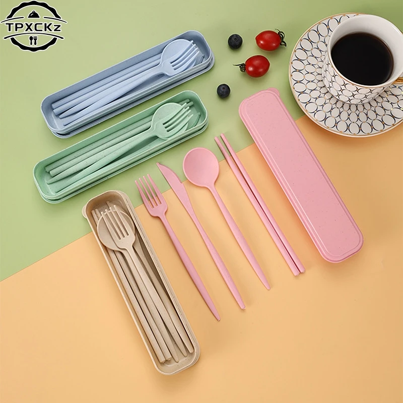 4Pcs Wheat Straw Dinnerware Set Portable Tableware Knife Fork Spoon Eco-Friendly Travel Cutlery Set Utensil Box Chopsticks Set