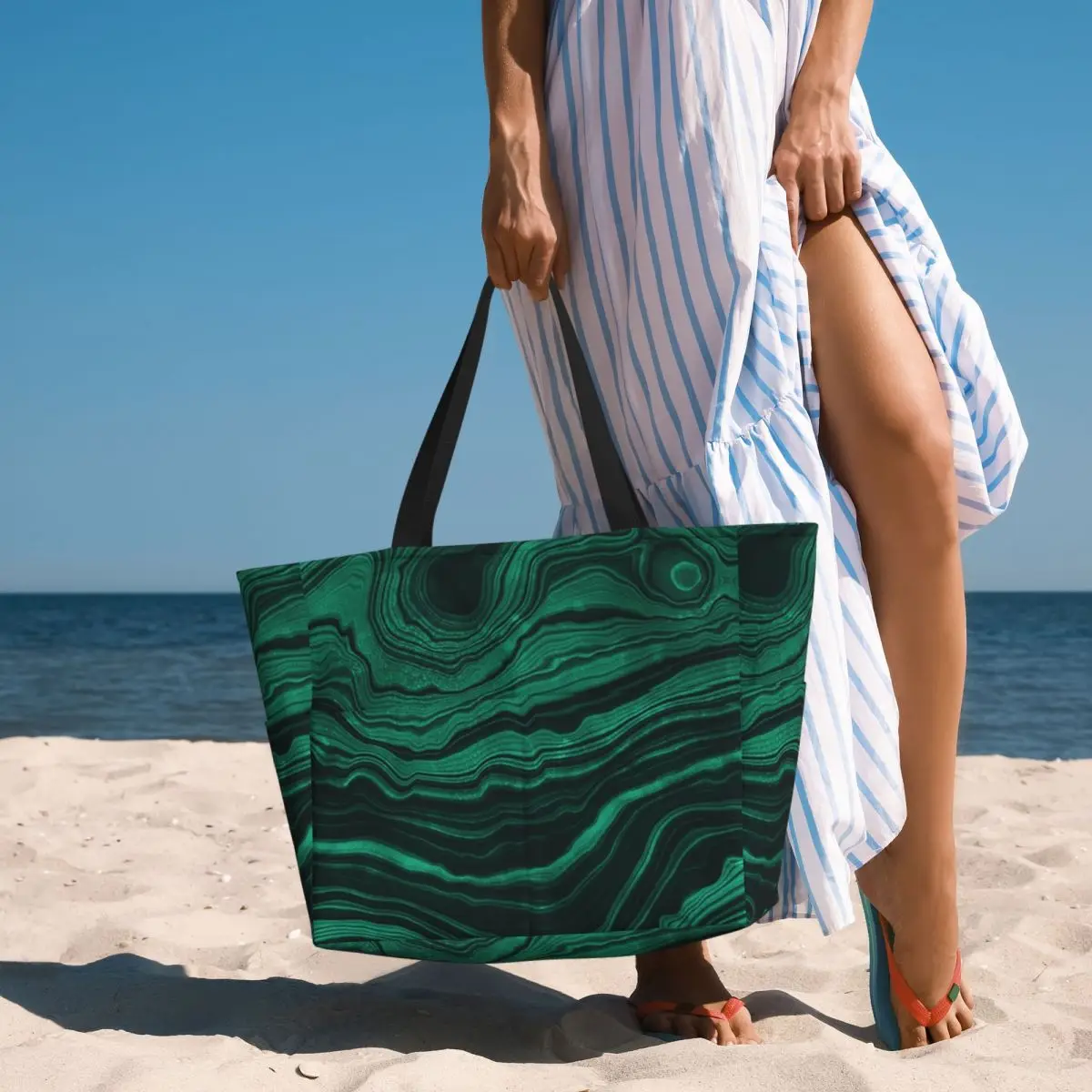

Faux Malachite Green Marble With Light Veins Beach Tote Bag Sport Gym Yoga Duffle Large Tote Bag Women Travel Bag Fitness bag