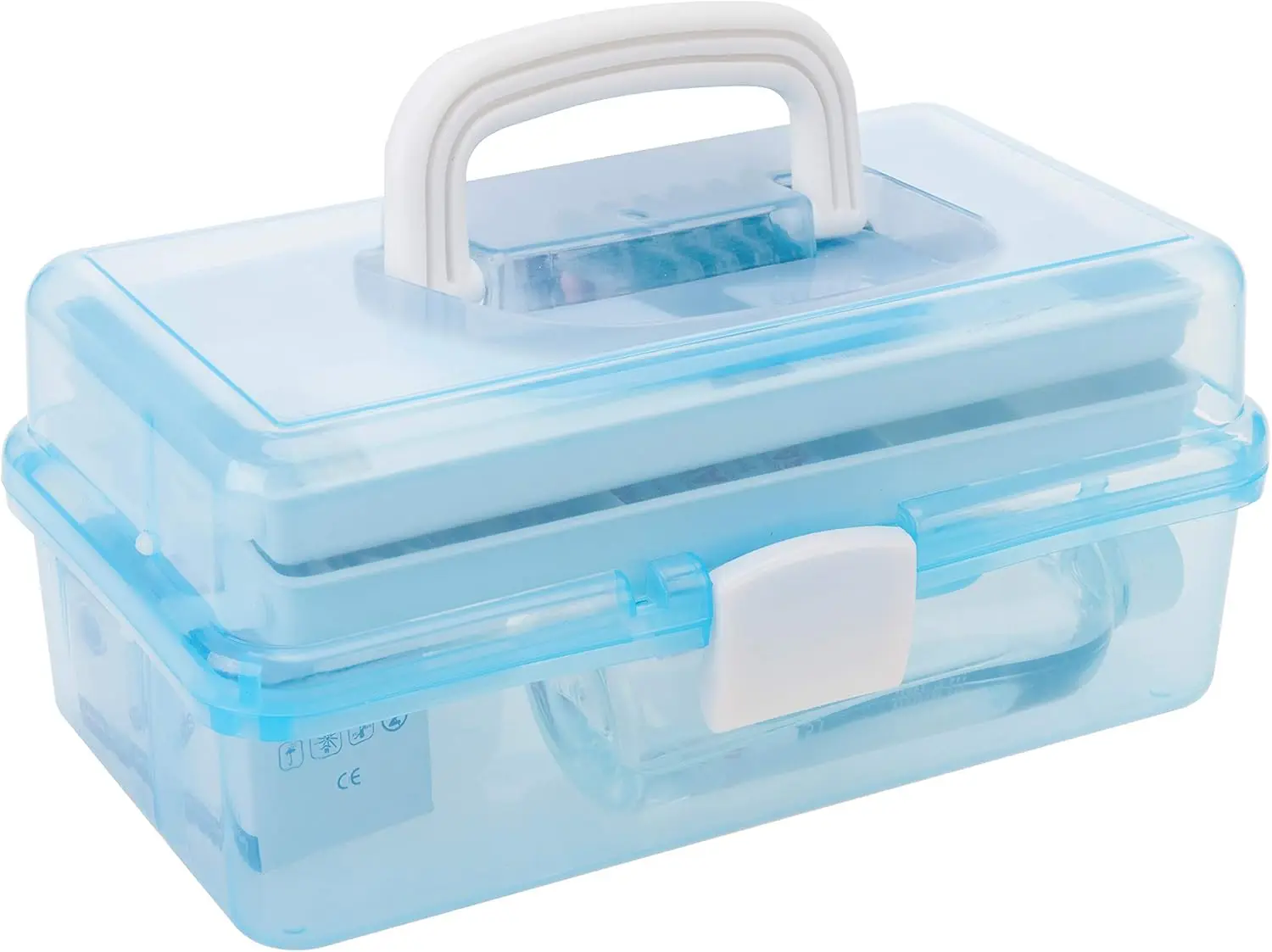 

13 Inch Transparent Blue Plastic Storage Box with Handle, Latching Lid, and 2 Expandable Trays for Tools, First Aid, Sewing Kit