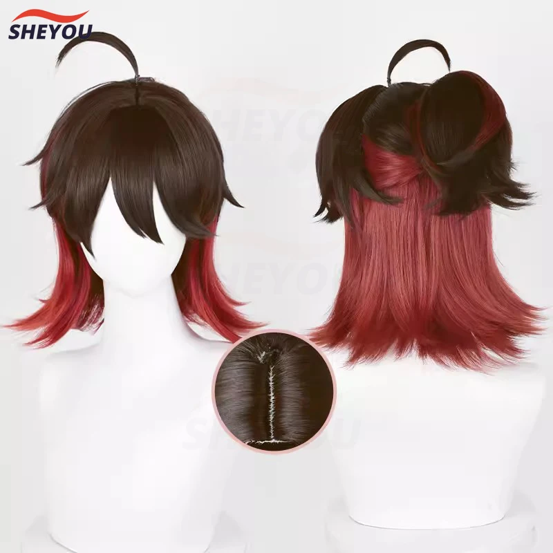 

High Quality Gaming Cosplay Wigs Anime Red Brown Scalp Wig With Ponytail Clip Heat Resistant Synthetic Hair Wig + Wig Cap