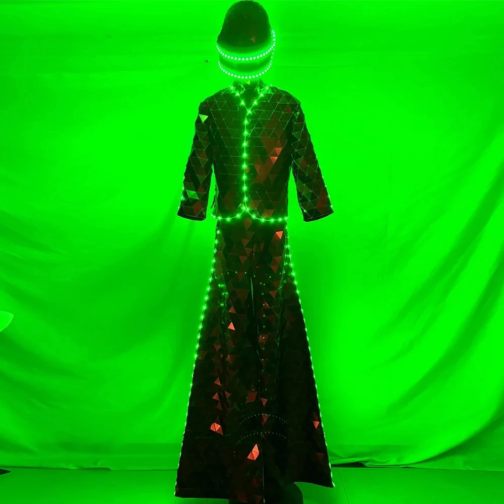 Hand Sewn LED Mirror Stilts Walker Costume Man Red Shiny Stage Show Performance Dance Party Suit Halloween Festival Best Gift