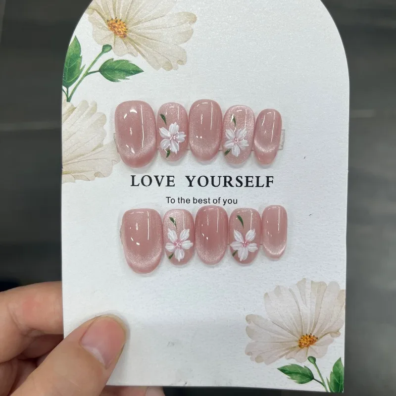 

Handmade 2025 High Quality Short Pink Cat Eye French False Nails with Glue Flower Simple Fake Press on Nails with Box and Tools