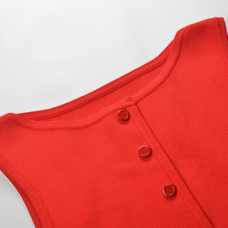 CHUJIE Dames 2025, zomers gebreid vest met rode knopen aan de voorkant + rok met hoge taille - mouwloze outfit van viscosemix met ronde hals