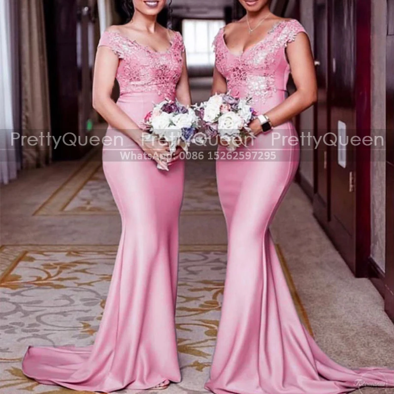 Pink Appliques Mermaid Bridesmaid Dresses With Capped Sleeves Customized Trumpet Long Deep V Neck Wedding Party Dress