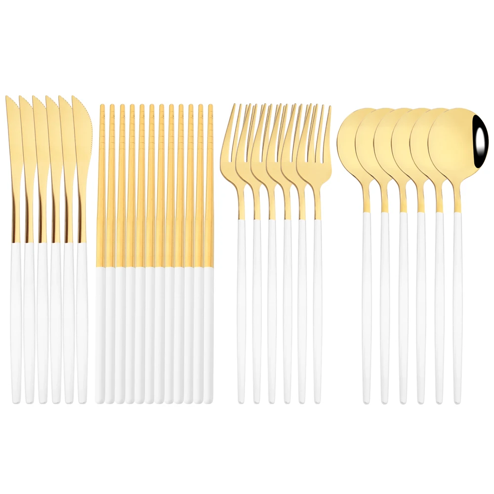 

Luxury Chopsticks Knife Fork Spoon Cutlery Set 18/24 Pcs White Gold Dinnerware Set Stainless Steel Flatware Korean Tableware Set