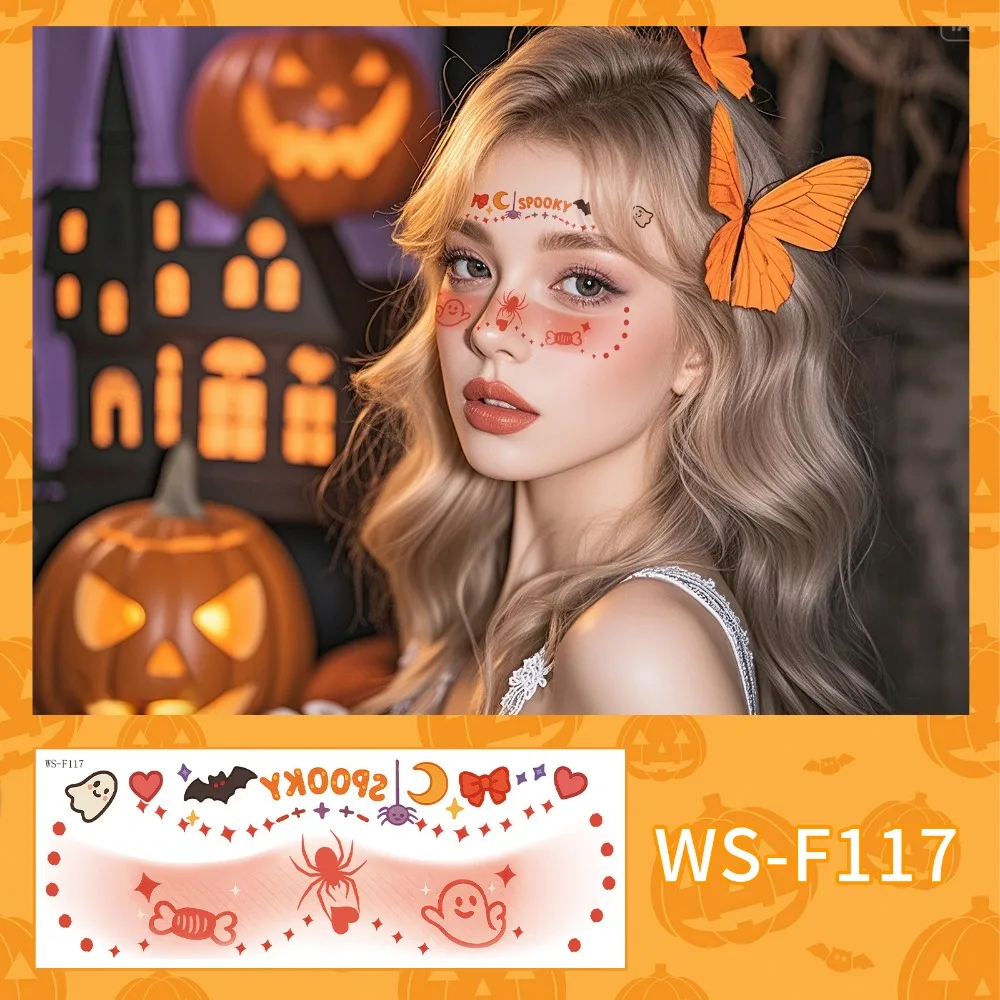 

Disposable Halloween Face Tattoo Waterproof Long-acting Cheek Temporary Stickers Transparent Terrifying Bat Face Stickers Women