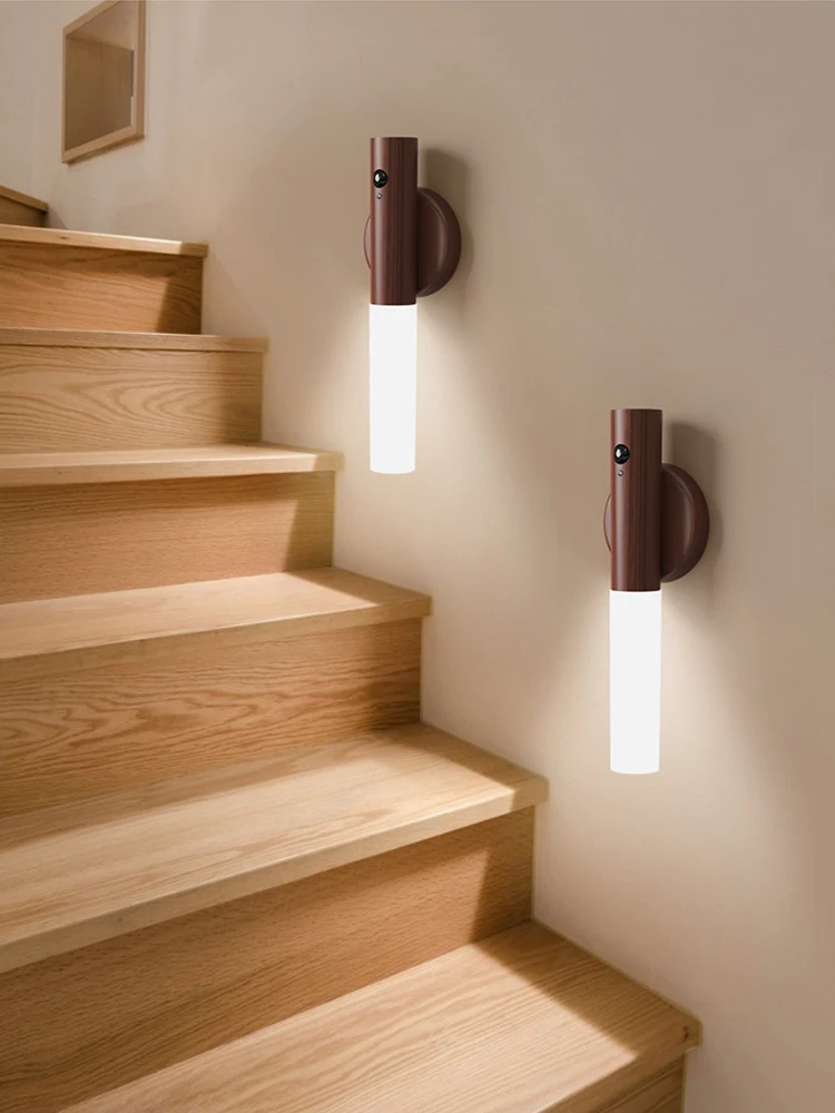 Luz LED de noche de madera USB, lámpara de pared magnética, armario de cocina, luz de armario, escalera del hogar, dormitorio, mesa, lámpara de movimiento, iluminación de mesita de noche