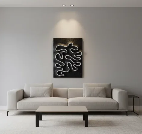 ！@Black Wood Carving Wall Artwork Decor Craft Curved Accent Detail Stainless Steel Textured Surface Sculpture