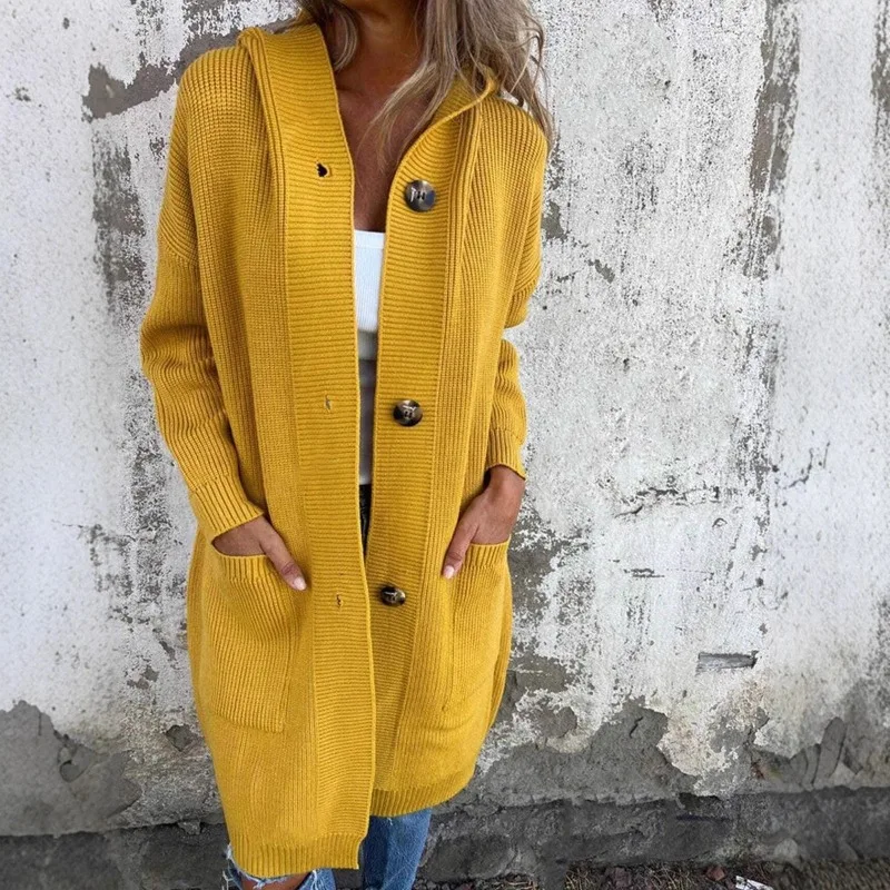 

Women's Autumn Winter Trendy Long Length Hooded Knit Cardigan with Pockets & Buttons