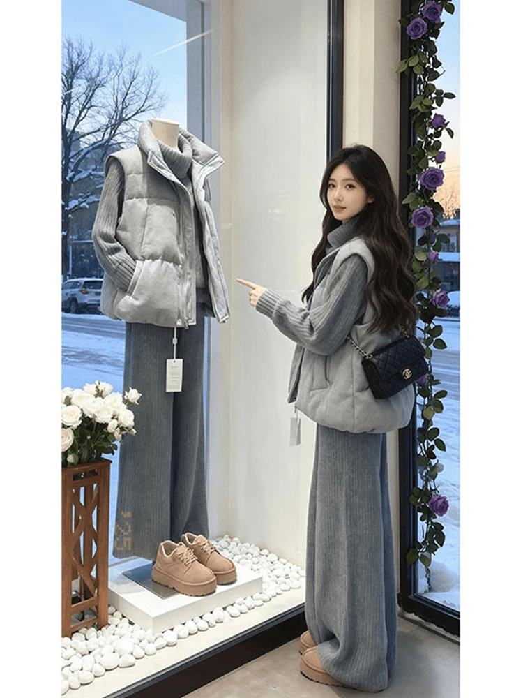 

Korean Style Thick Warm High Collar Knitted Vest Women's Casual Pants Set Autumn Winter New Arrival Long Sleeve Top Bottoms