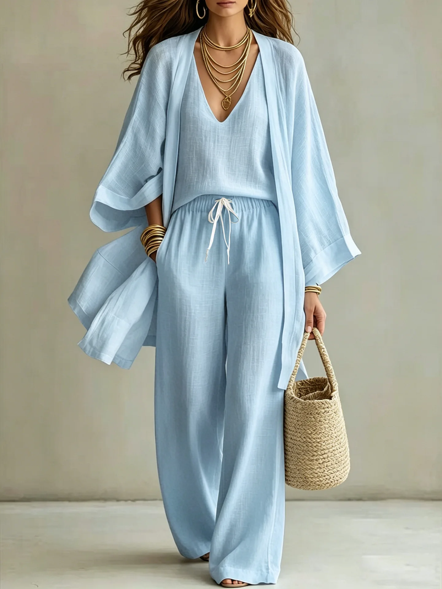

Foreign Style Streetwear Women's Autumn Fashion Sleeveless Top+Long Coat+Wide Leg Pants Loose 3-Piece Set Casual Outfit For Lady