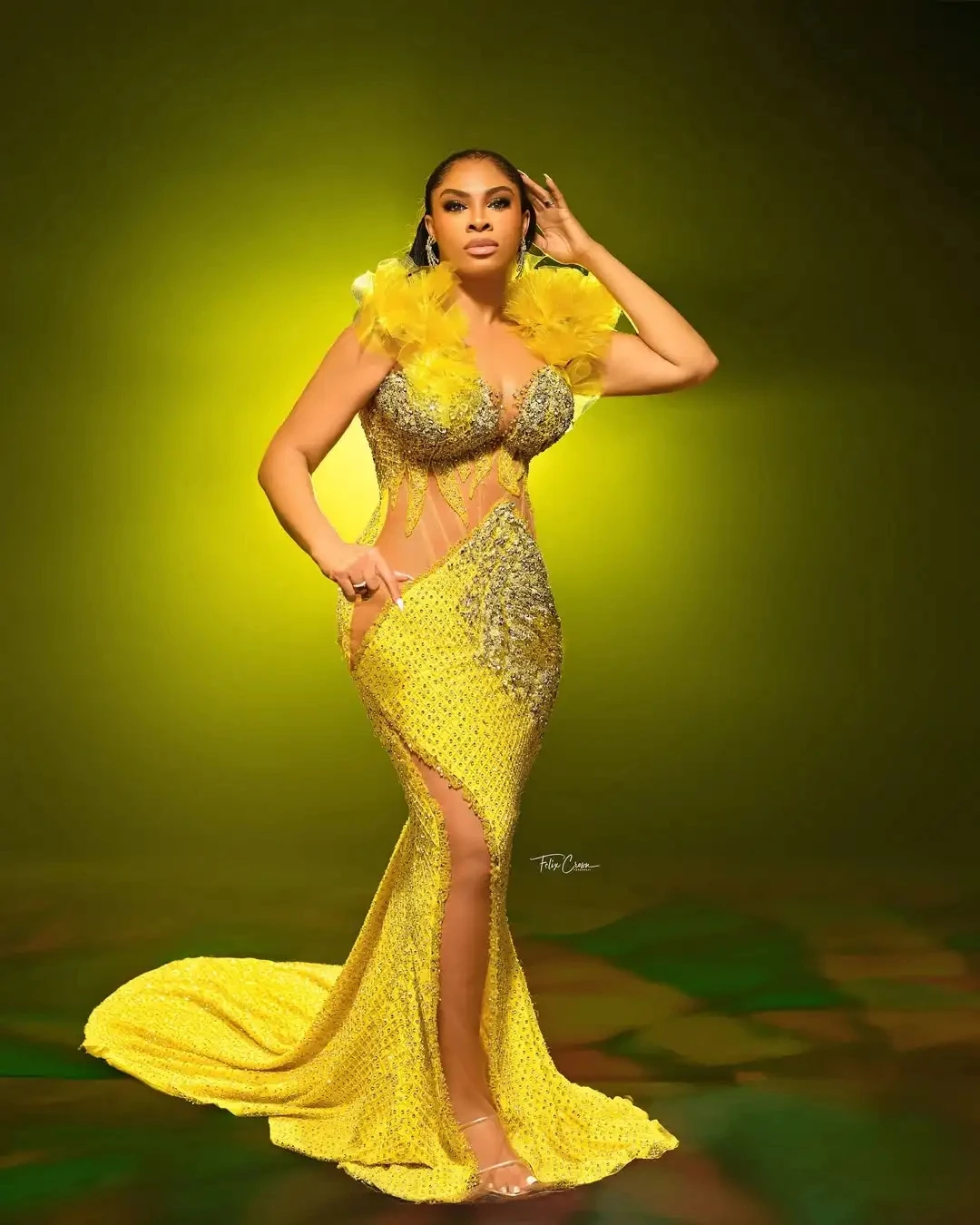 Gorgeous Prom Dresses Mermaid vestidos de gala Yellow Evening Gowns with Split Layered Shoulder Beaded Prom Dress Transparent image 3