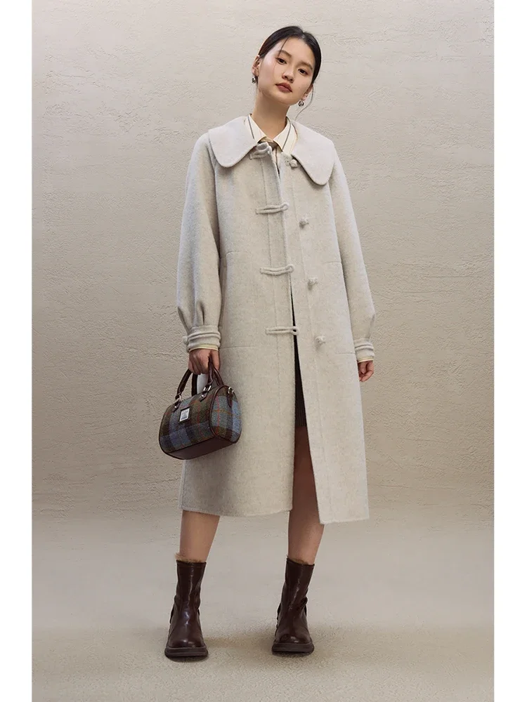 ZIQIAO College Style Double-sided 64.6% Woolen Coat for Women 2023 Winter New Peter-pan Collar Mid-length Wool Coats Female