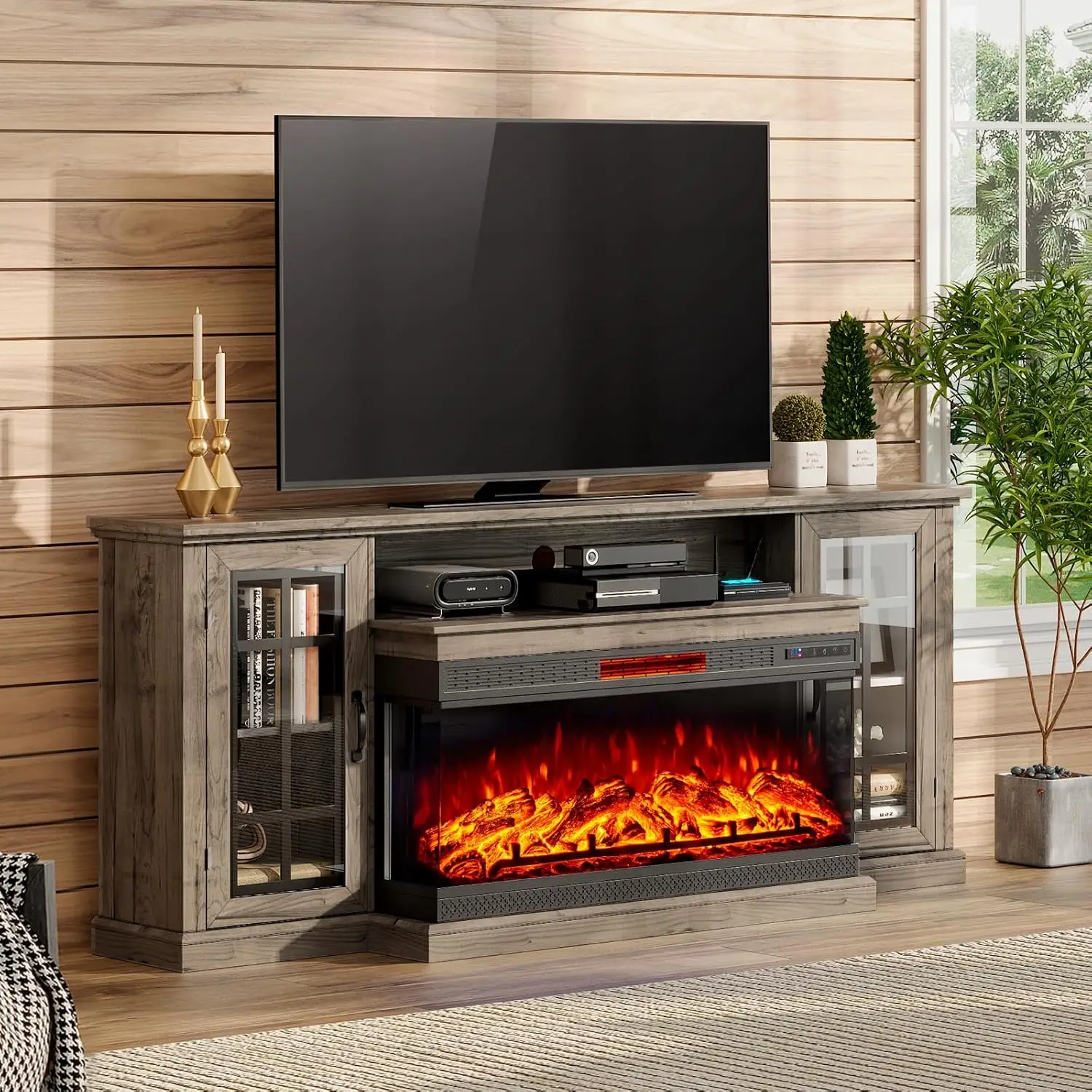 AMERLIFE 75in 3-Sided Glass Fireplace TV Stand for TVs up to 85