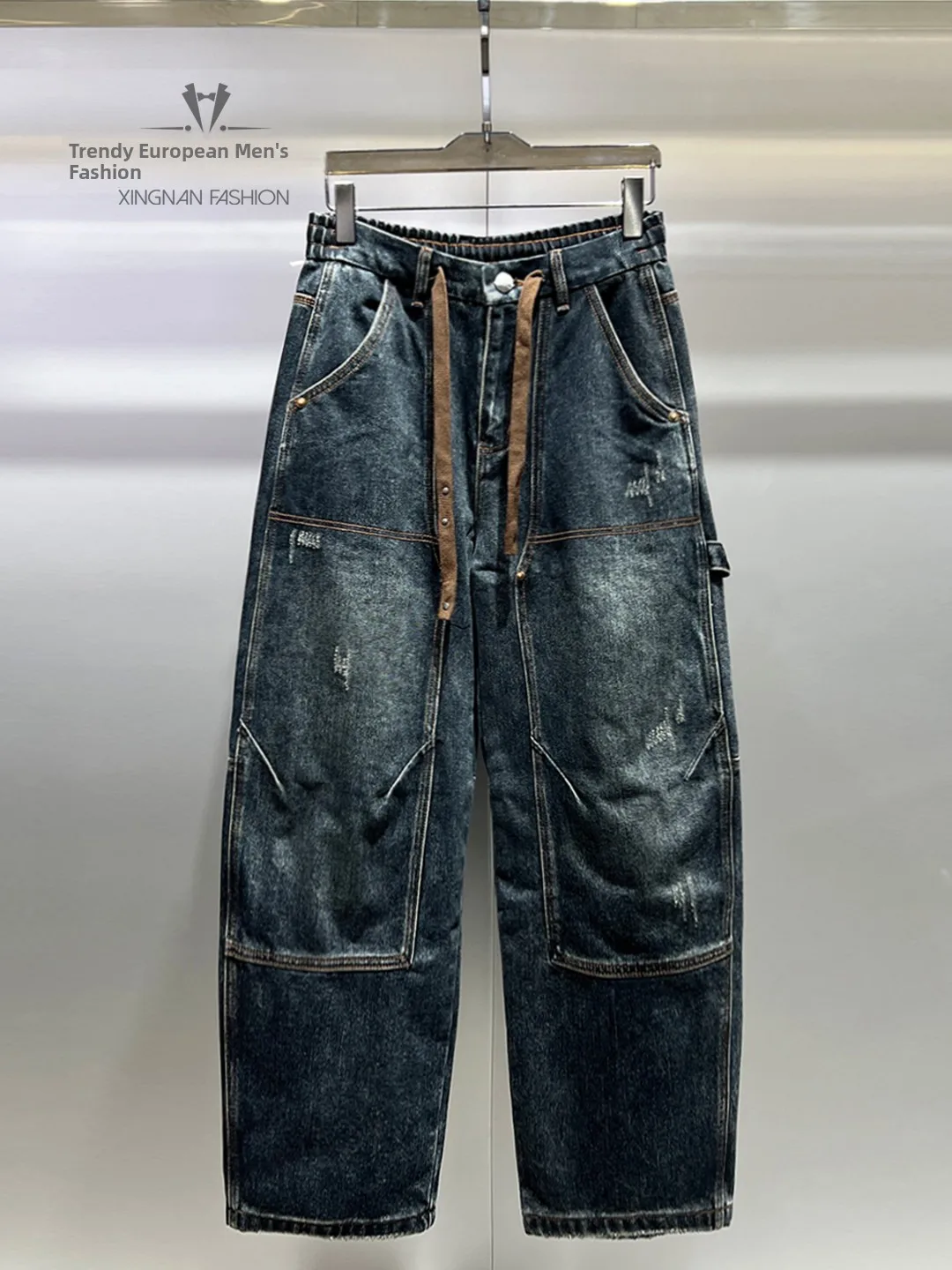

Winter American Trend Fce Lined Wide Leg Jeans Men Loose Straight Long Faion Versatile Workwear Trousers