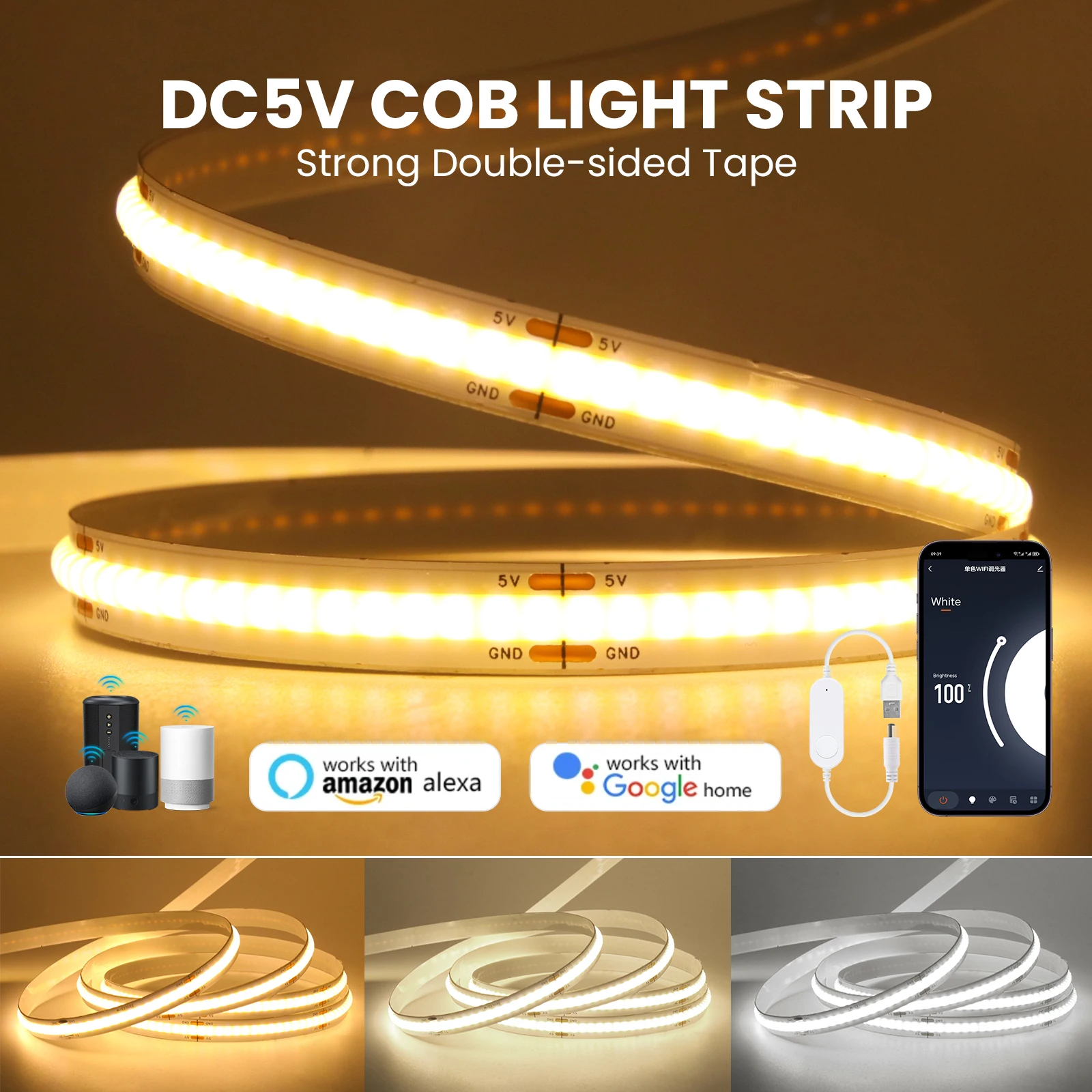 Tuya Smart Life APP WiFi Control COB LED Strip 5V USB Dimmable LED Strip Light 320LEDs Linear Light for Wall Kitchen Cabinet