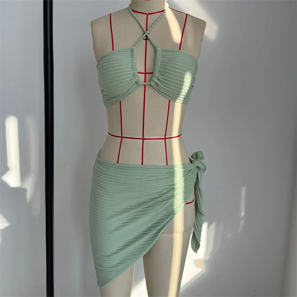 

Sexy Green Y2k Bikini Bandeau Swimsuit Ribbed Bandage Cover Ups Halter String Swimwear Women Vacation Bathing Suit Beach Outfits