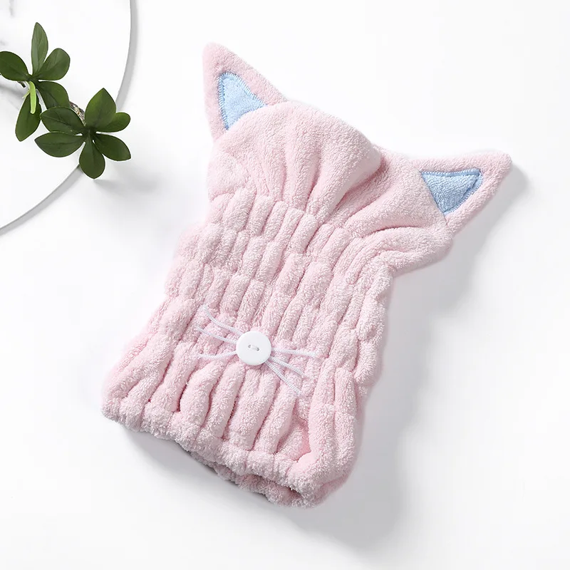 Cute Cat Hair-drying Towel Bath Cap Strong Absorbing Drying Long Soft Special Dry Hair Cap Towel With Coral Soft Towel