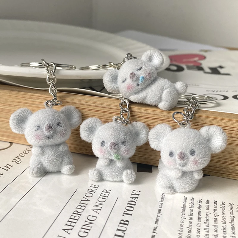 1pcs/4pcs Fluffy Koala Animal Keychains For Friend Gift Resin Cartoon Cute 3D Flocking Pet Pendant Bag Box Car Key Ring Jewelry