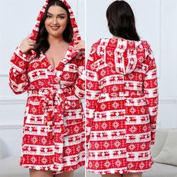 Oversize Hooded Flannel Robe Women Sleepwear Christmas Snowflakes Deer Nightwear Loungewear Thick Coral Fleece Bathrobe Homewear