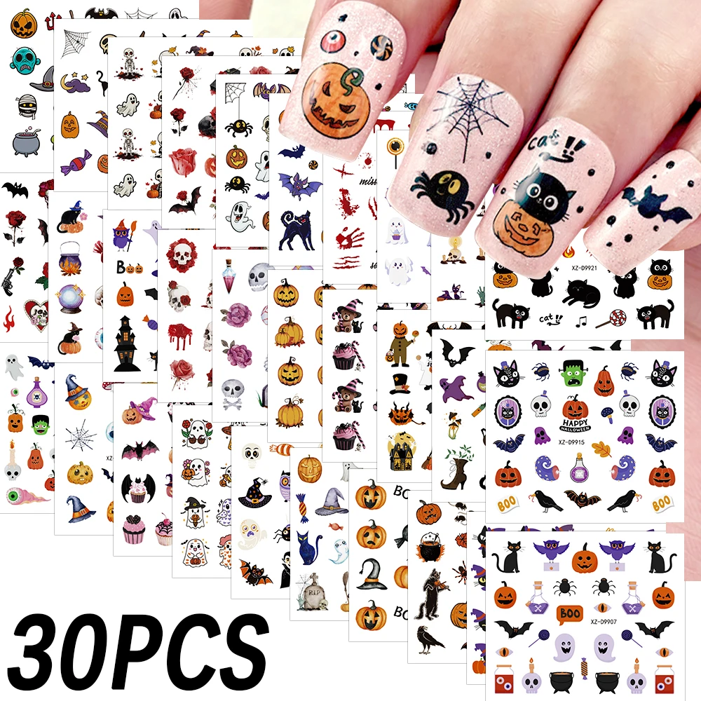 

30pcs 3D Halloween Cute Pumpkin Ghost Nail Sticker Cartoon Black Cat Spider Bat adhesive Decals Terrifying Atmosphere Nail Art