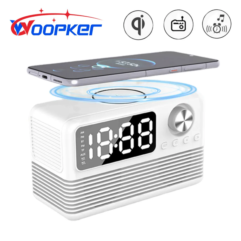 Woopker Wireless Charger Radio Time Alarm Clock LED Digital 15W Fast Charging Dock Station Dual Speaker AUX for iPhone Samsung