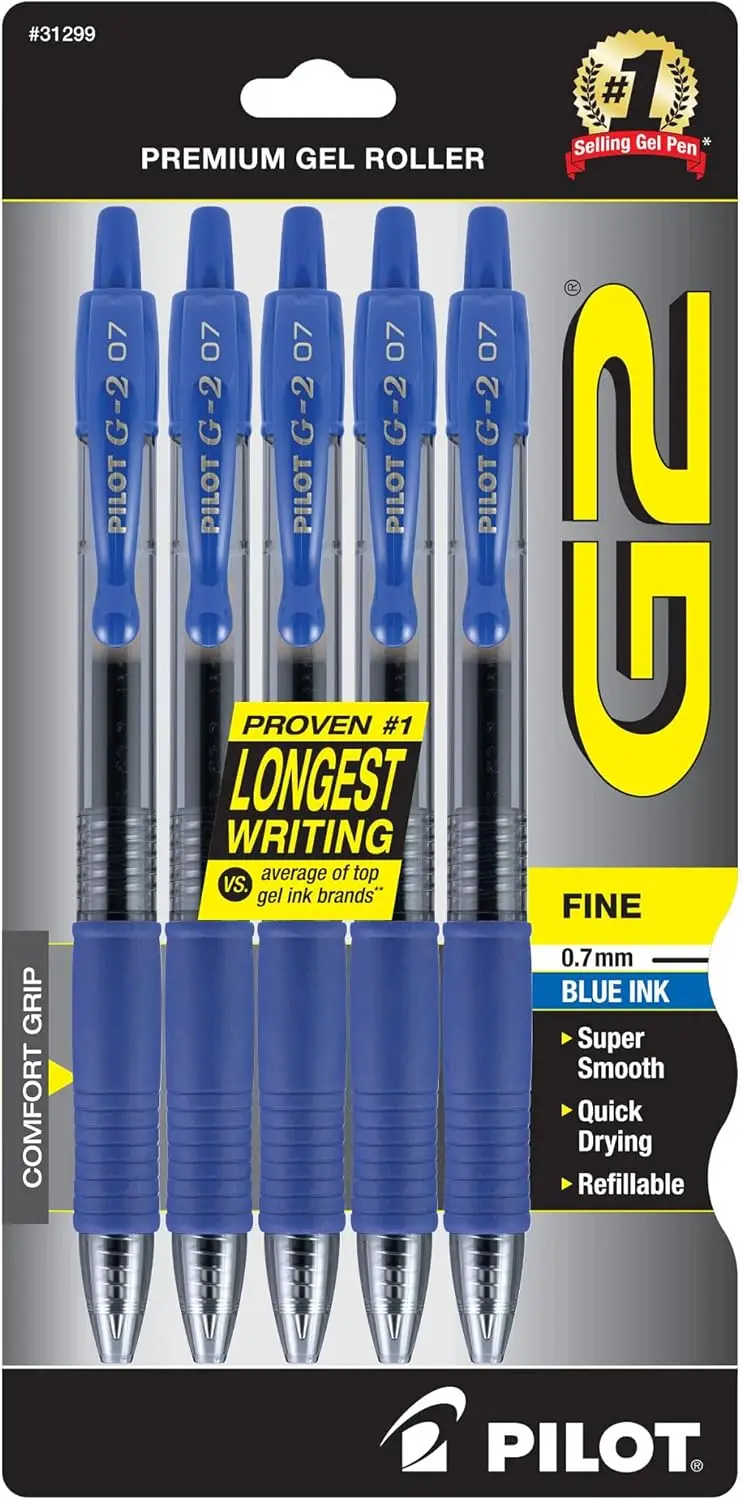 

Premium Gel Roller Pens, Fine Point 0.7 mm, Blue Ink, Pack of 5 - Smooth Writing for School, Journaling & Office