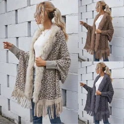 Cardigan con nappe da donna cappotto caldo a punto aperto maniche lunghe scialle leopardato Vintage Oversize inverno Faux Fox Fur Poncho Cape