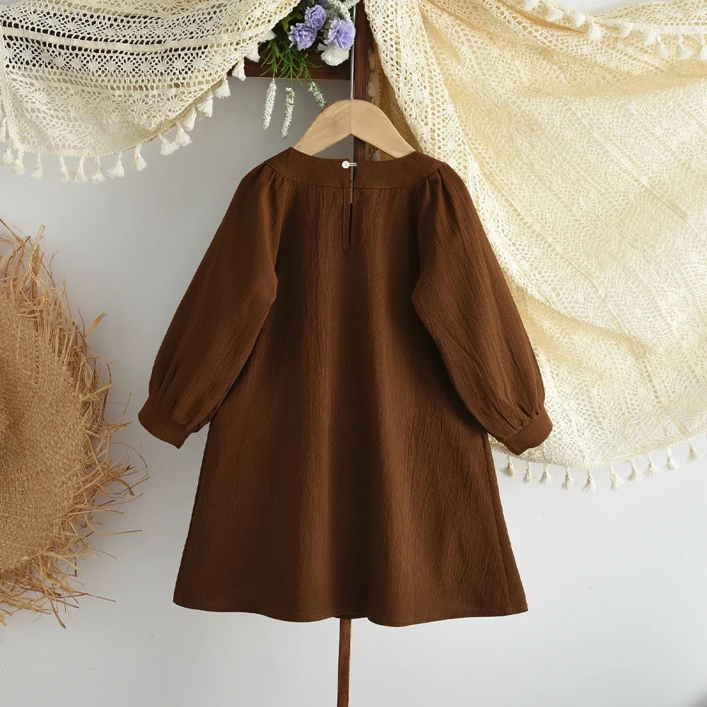 Koreanische Version kinder Kleidung Mode Herbst Neue Retro Kaffee Farbe Bogen Dekoration Lange Ärmeln Kleid Mädchen Kleider – Detail 3