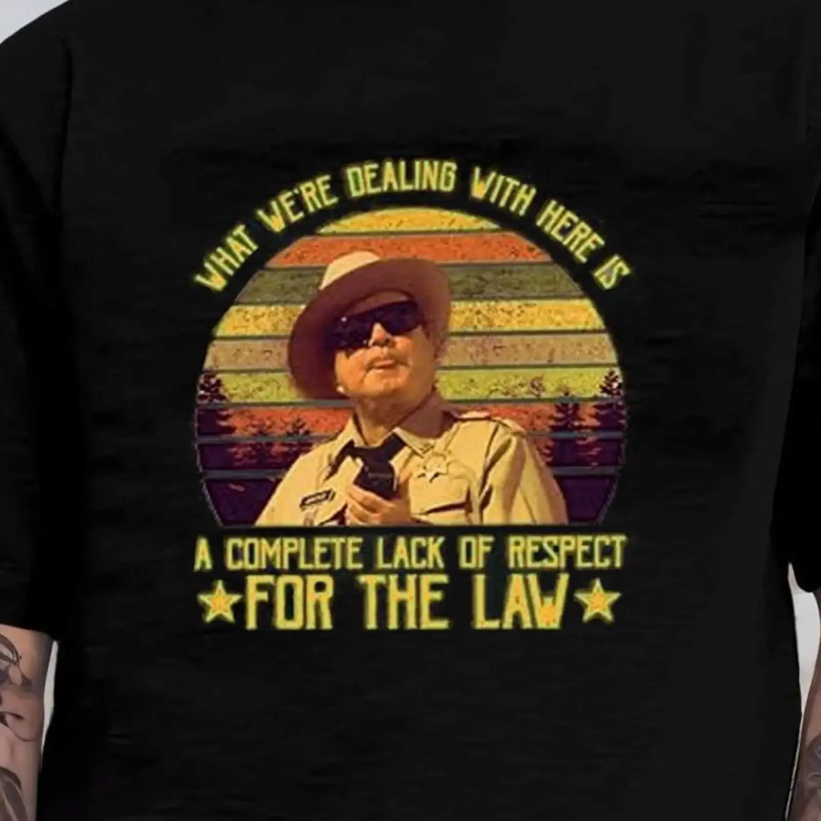Chemise vintage Buford T Justice avec citation du film Smokey and The Bandit « Lack of Respect For Law », vêtements vintage lavés pour homme, de créateur