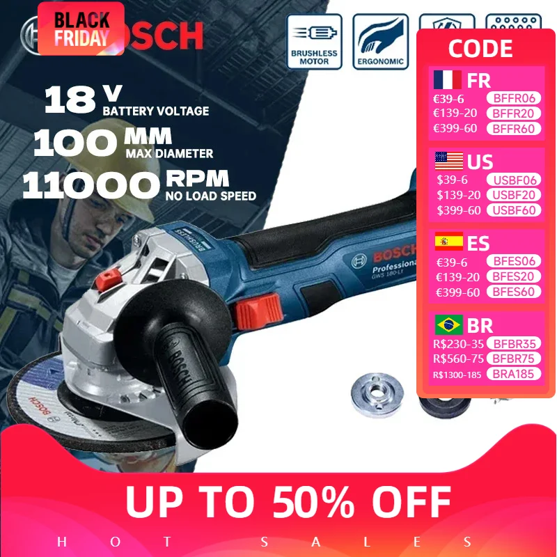 BOSCH Cordless Angle Grinder 100MM Brushless Motor Rechargeable Portable Cutting Machine Polisher 18V Grinding Tools GWS 180-LI