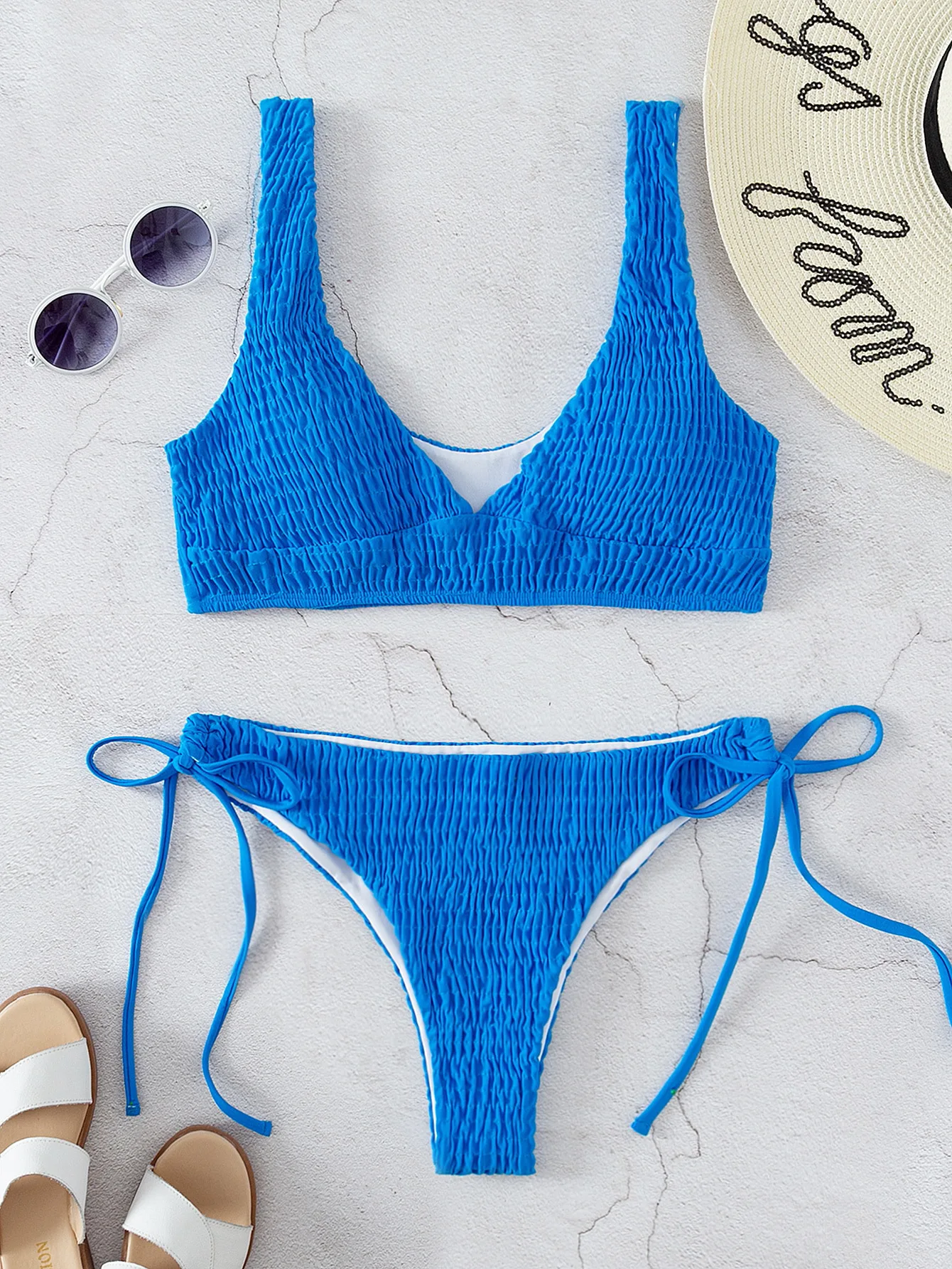 Solid Color Blue Swimsuit for Women 2024 New 2 Piece Bikini Sexy Bandage V-neck Swimwear Summer Beach Vacation Set Bathing Suit