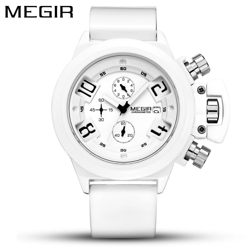 MEGIR Top Brand Luxury Fashion Sport Men\'s Watches White Silicone Strap Quartz Date Waterproof Wristwatch Chronograph Clock Man