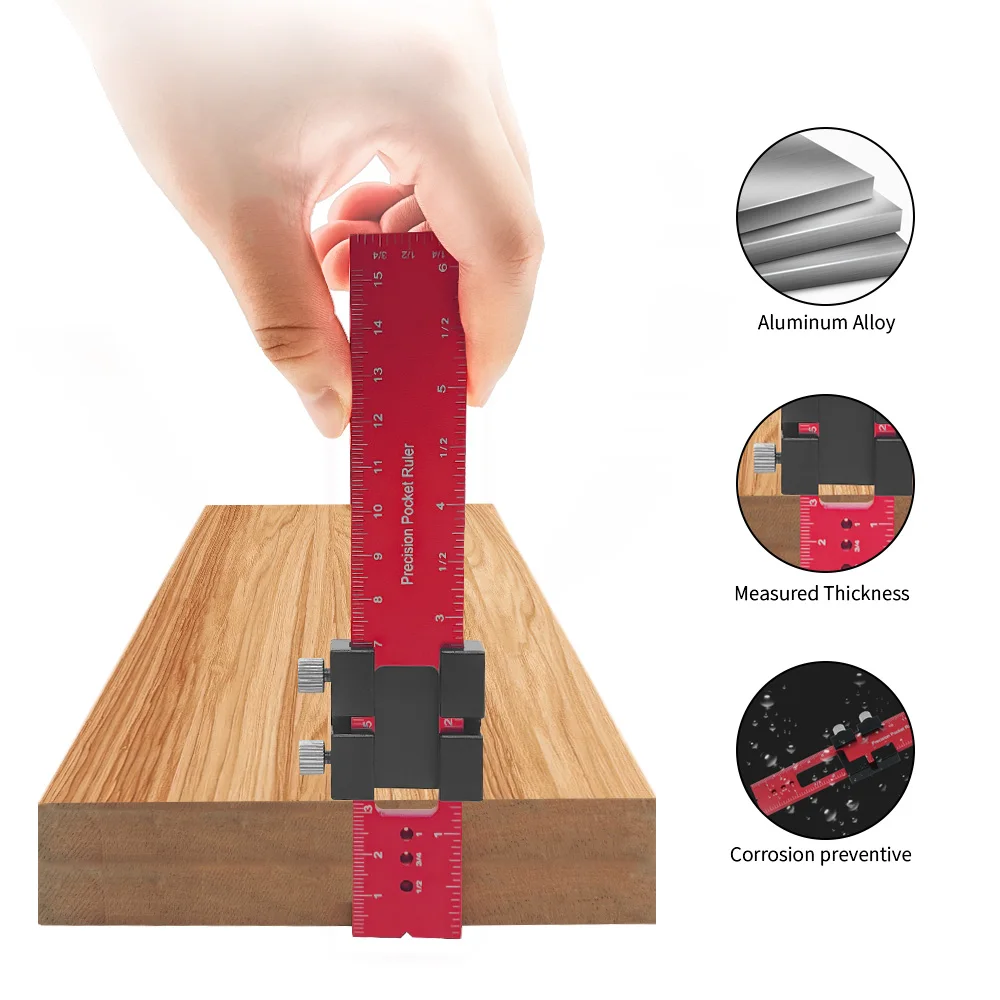 Woodworking Tools Ruler - Pocket Ruler Layout Tool Aluminum Precision Ruler with T-Track Metal Slide Stops,Inch and Metric Scale