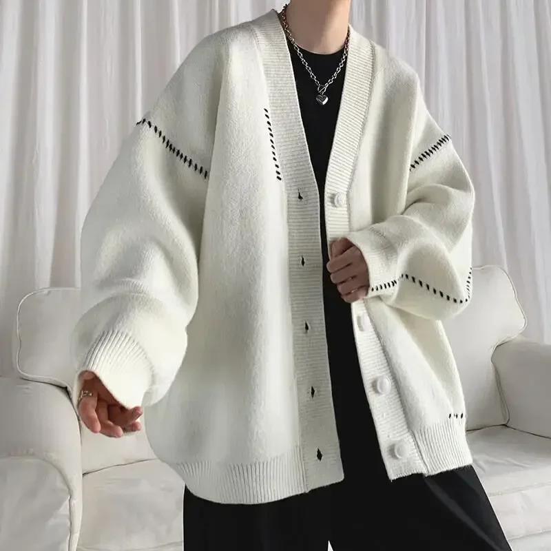 White Crewneck Man Clothes Black Knitted Sweaters for Men Cardigan Round Collar Ugly Old Order 2024 Trend Street Overfit S Neck