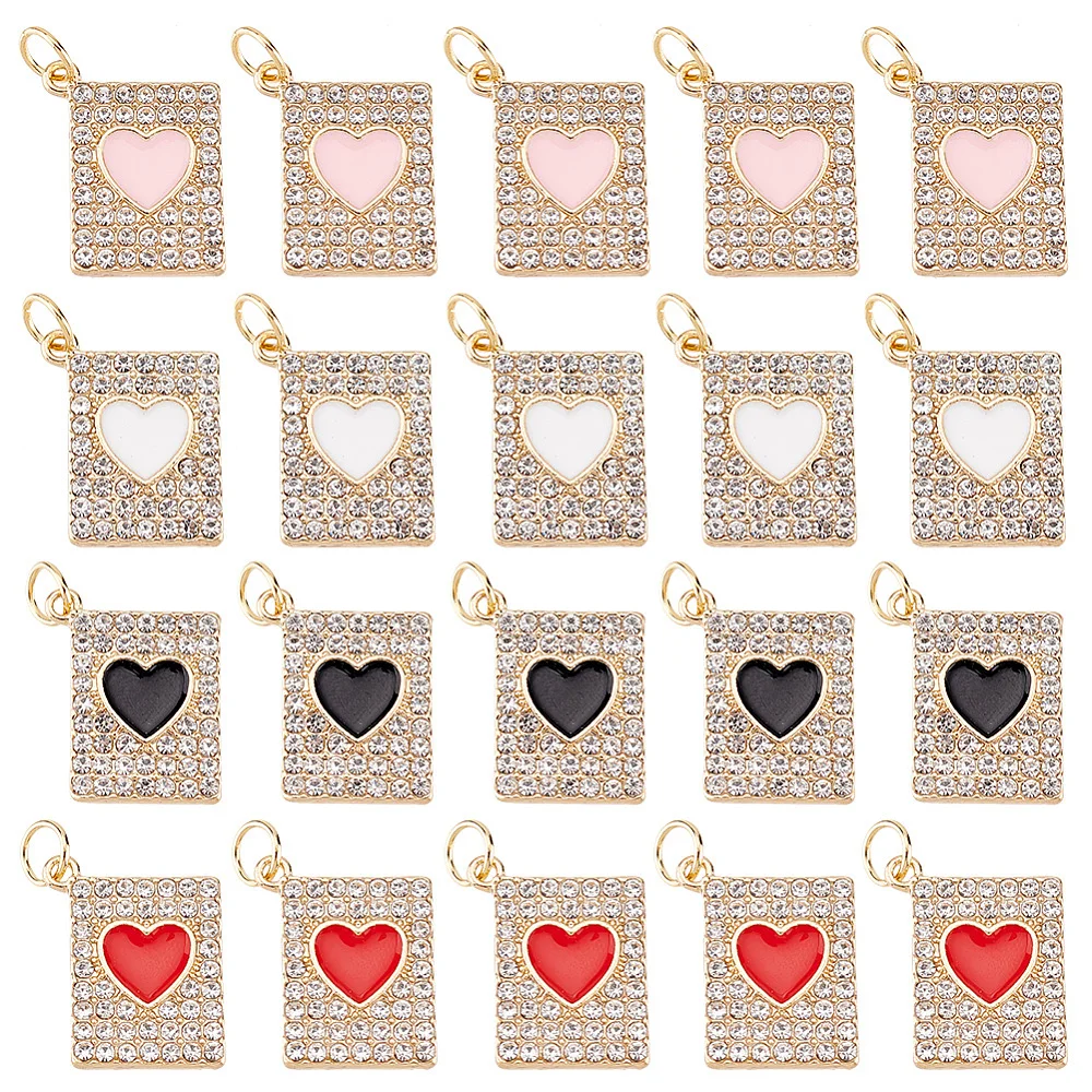 

20Pcs 4 Colors Alloy with Rhinestone Pendants with Enamel and Jump Ring Rectangle with Heart Charms Mixed Color