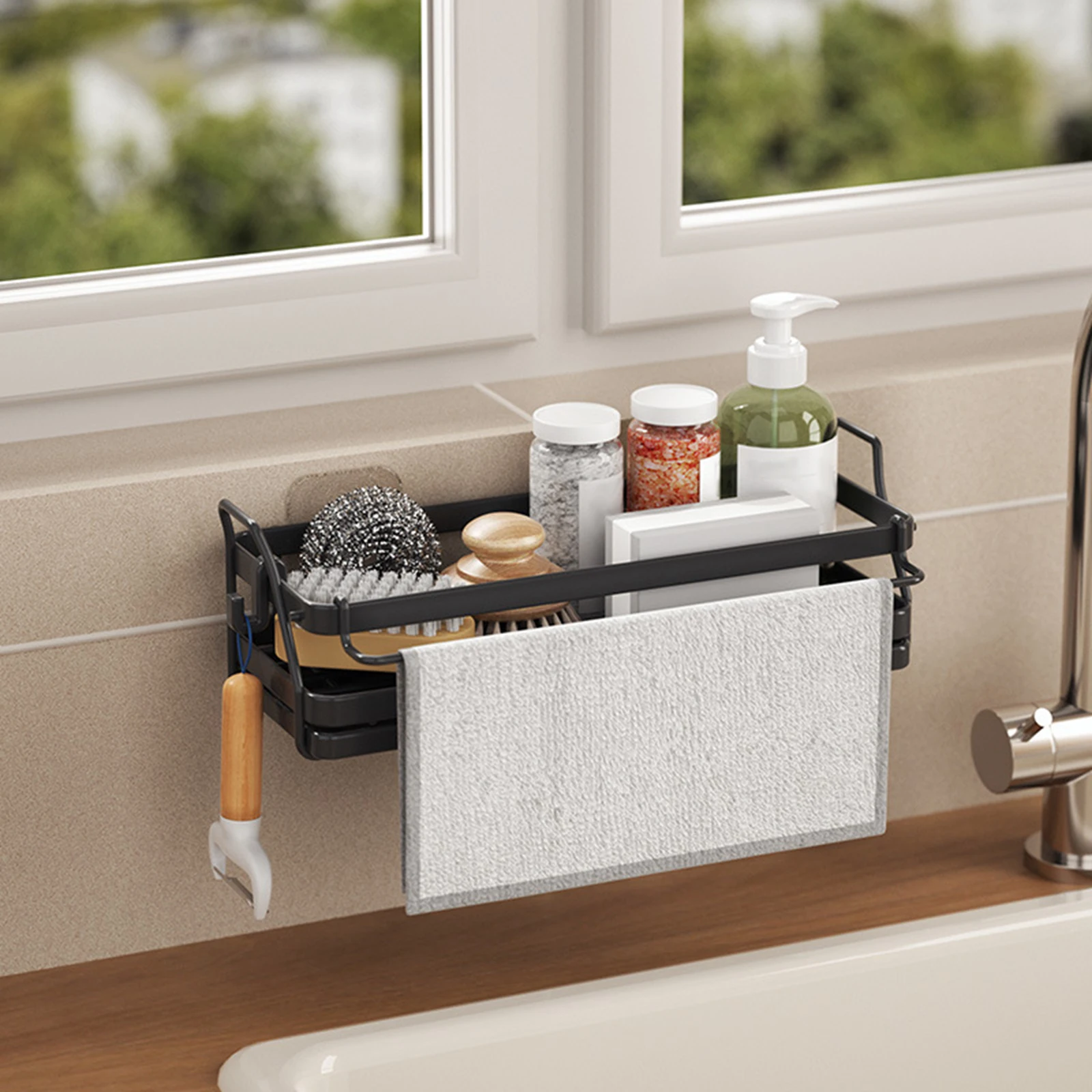 Kitchen Sink Sponge Holder with Removable Drain Tray Soap Dispenser Caddy Organizer for Dish Cloth Sink Stoppers Brushes