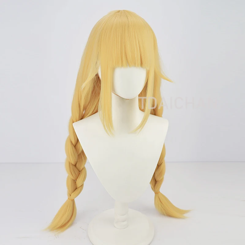 Ya menino kongming! Tsukimi eiko cosplay traje peruca feminina ouro duplo trançado cabelo longo bonito menina peruca 85cm chapéu preto boné