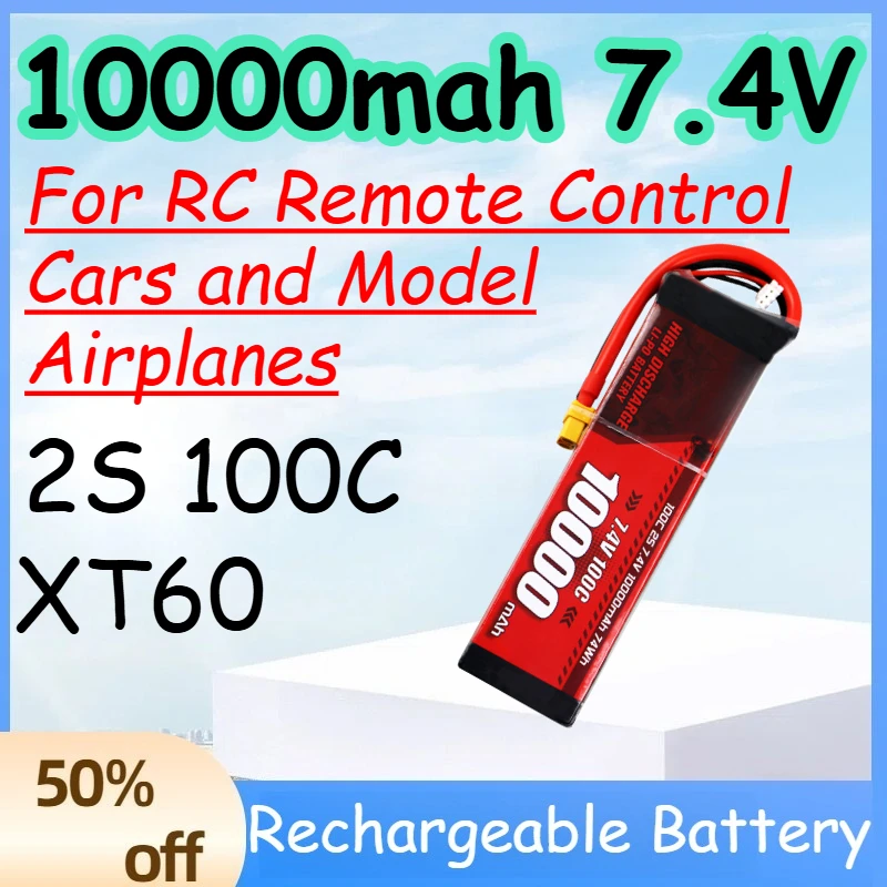 

10000mah 7.4V 2S 100C Replace Rechargeable Lipo Battery for RC Remote Control Cars and Model Airplanes Battery with XT60 Plug