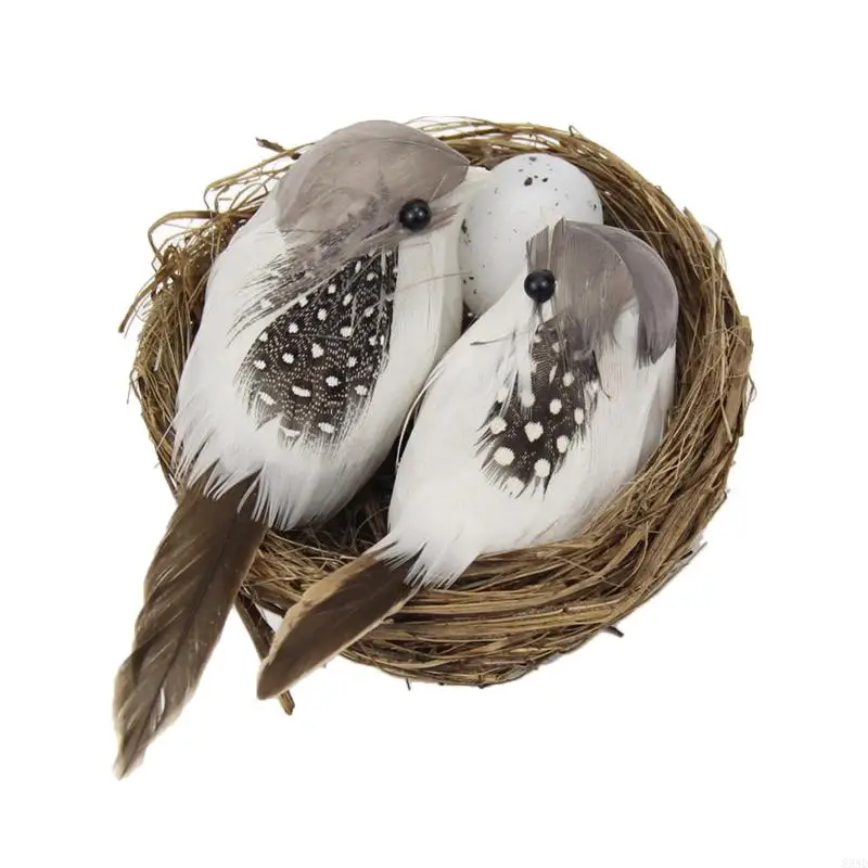 

85AD Artificial Birds and Bird Nest and Bird Egg Set Miniature Ornament for Home Garden Party Lawn Decoration