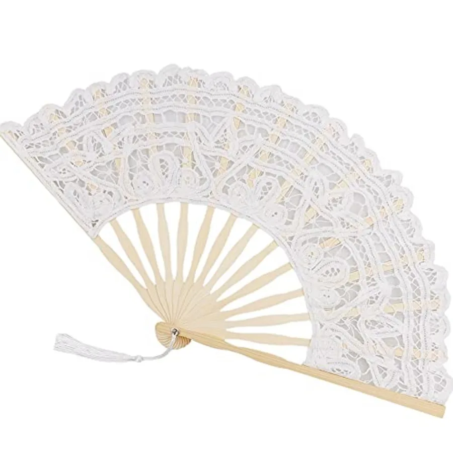 

Propupy Folding Hand Fan Womens Lace Fan Elegant Cotton Fan Handmade Vintage Retro Fan with Bamboo Staves and Silk Tassels for