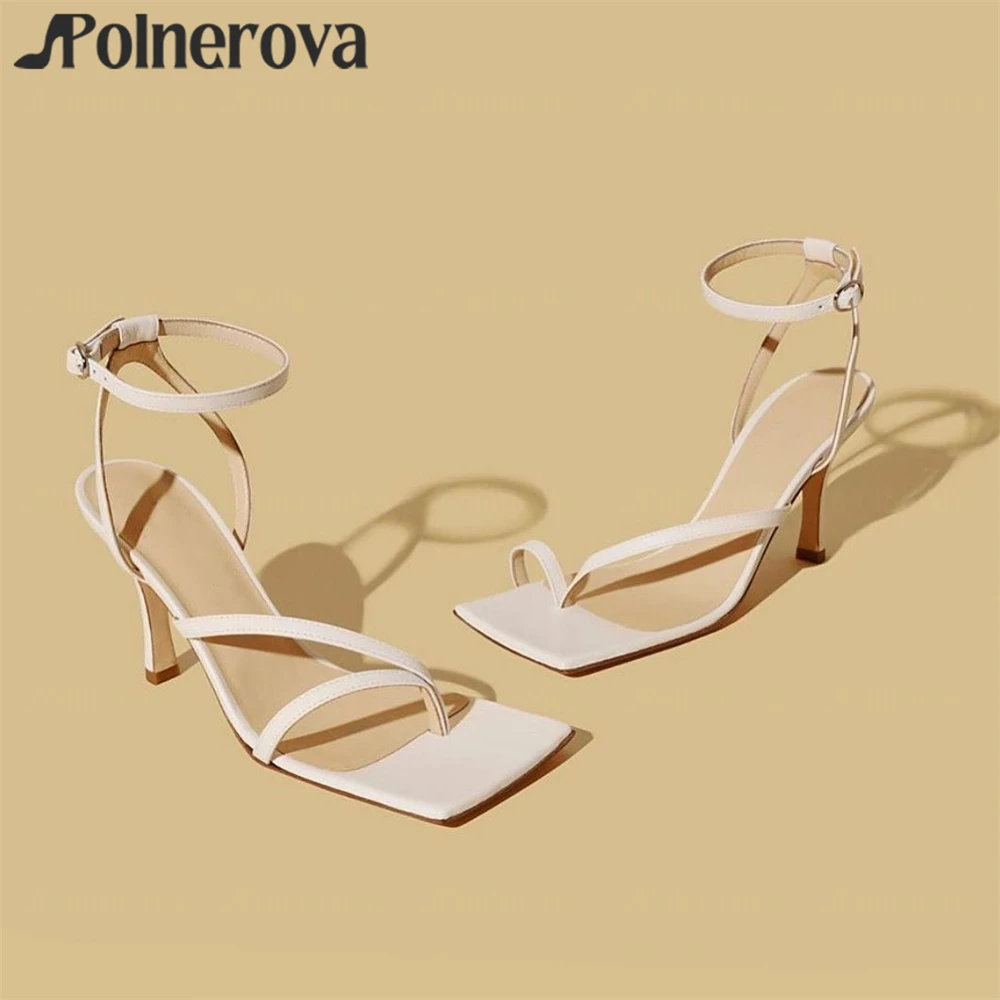 Square Toe Flip Flop Sandals Concise Style Ankle Buckle High Heels White Black Leather Summer Shoes for Women Customizable Color
