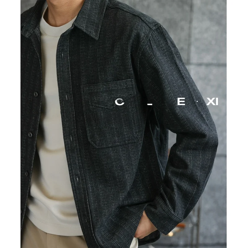 

IUNCLEXI Gentleman Sle Faux Denim Brued Texture Resembles Plaid Embroidery Men's Hard irt Stand Fit Long Sve Busi...