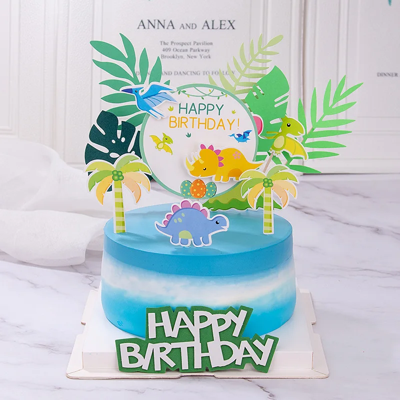 Dinosaur Cake Topper Flag Happy Birthday Wedding Decor Coconut Tree Leaf Cupcake Toppers Baking Kids Party Baby Shower Cake DIY 